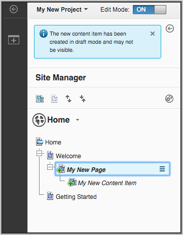 This screen capture shows the new draft content item in the Site Manager tree view.